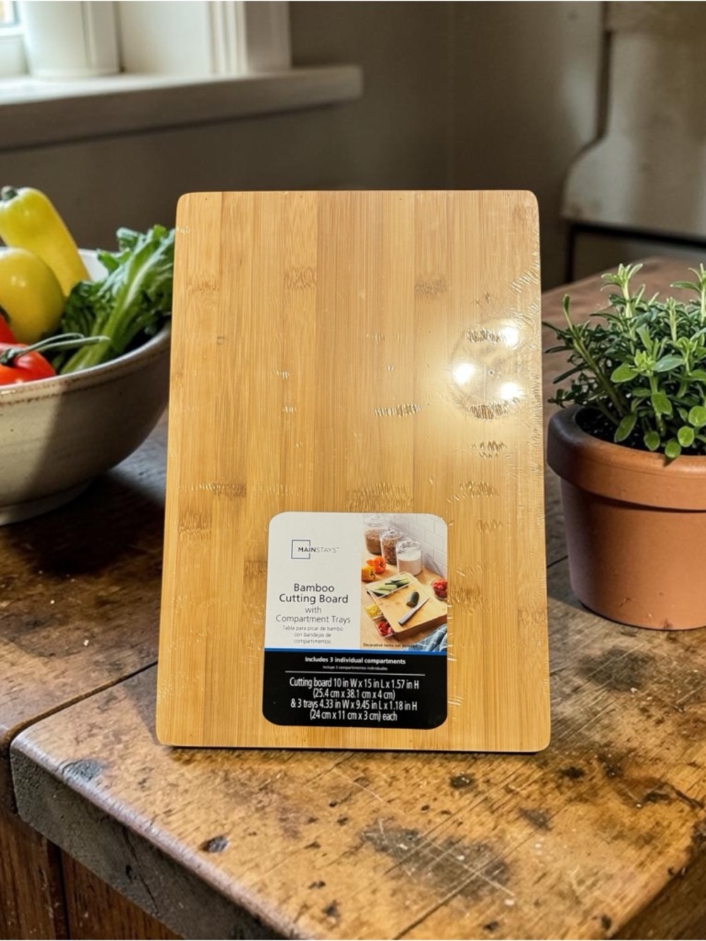 Mainstays Bamboo Cutting Board With Compartment‎ Trays NEW